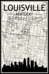 Light printout city poster with panoramic skyline and hand-drawn streets network on vintage beige background of the downtown LOUISVILLE, KENTUCKY