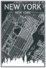 Dark printout city poster with panoramic skyline and hand-drawn streets network on dark gray background of the downtown NEW YORK, NEW YORK