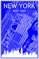 Technical drawing printout city poster with panoramic skyline and hand-drawn streets network on blue background of the downtown NEW YORK, NEW YORK
