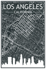 Dark printout city poster with panoramic skyline and hand-drawn streets network on dark gray background of the downtown LOS ANGELES, CALIFORNIA