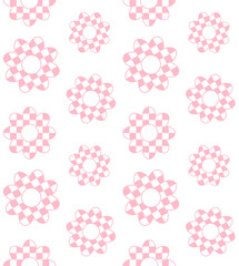 Vector seamless pattern of flat pink flower with checkered chessboard texture isolated on white background