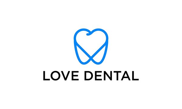 dental love logo design with geometric line abstract dentistry clinic icon vector.