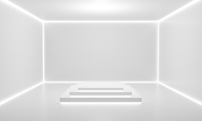 white stand and neon light in the white room.3d rendering.	