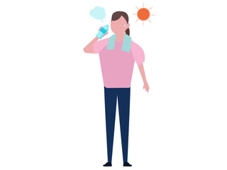 水を飲む女性 熱中症対策 水分補給  屋外 太陽 ペットボトル ベクターイラスト