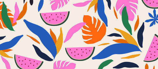 Fototapeta na wymiar Colorful organic shapes seamless pattern. Cute botanical shapes, random cutouts of tropical leaves and watermelons, decorative abstract art vector illustration 