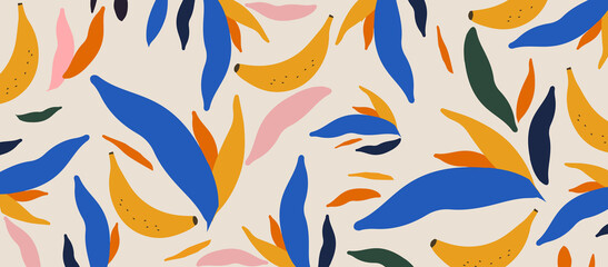 Colorful organic shapes seamless pattern. Cute botanical shapes, random cutouts of tropical leaves and bananas, decorative abstract art vector illustration	