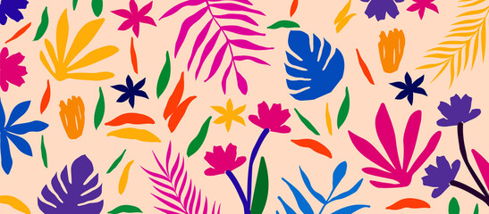 Fototapeta na wymiar Colorful organic shapes doodle collection. Cute botanical shapes, random childish doodle cutouts of tropical leaves and flowers, decorative abstract art vector illustration