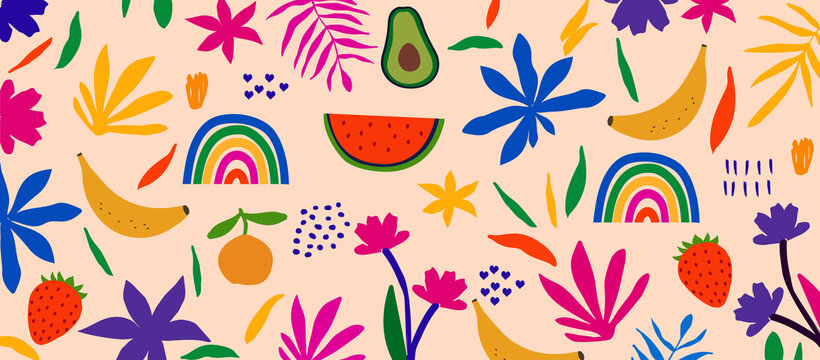 Colorful organic shapes doodle collection. Cute botanical shapes, random childish doodle cutouts of tropical leaves, flowers and fruit, decorative abstract art vector illustration