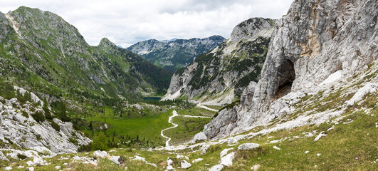 Descending Footpath trail From Mount Krn To Lepena Valley - View of the Lake of Krn Valley Triglav National Park Slovnia