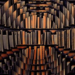 pattern and creative design in metallic gold bronze orange and shades of brown inspired shelves of antique books