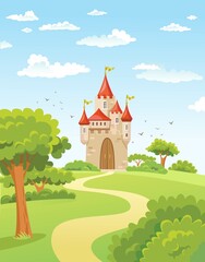 FairyTale landscape, the road leading to the castle. Vector illustration