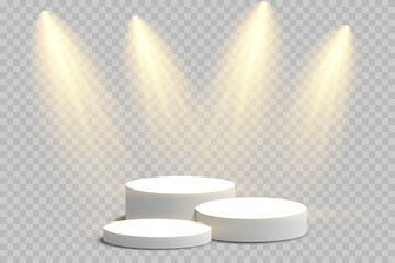 Display pedestal, Design platform, Empty product, White room and side lights. 3D rendering.