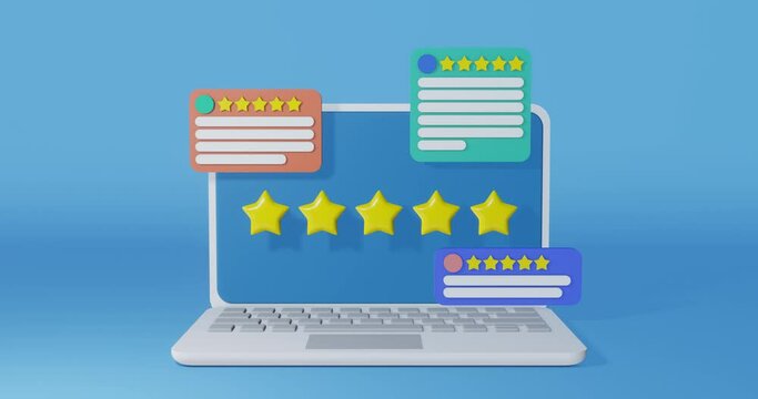 Laptop screen with user comments. Customer reviews concept. Five stars rating and review, positive feedback. Customer Service and User Experience. Team and rating concept. 3D rendering video animation