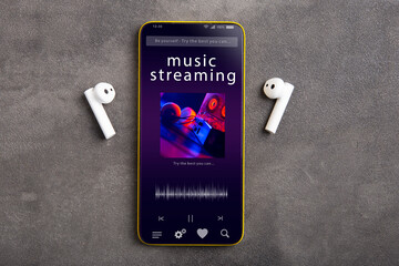 Streaming service. Listen music online concept online music player app on smartphone - 512333767