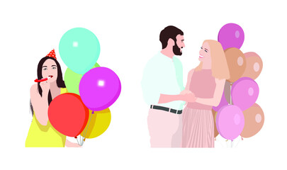 Woman and couple with air balloons on white background, collage. Vector illustration