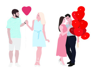 Couples with air balloons on white background, collage. Vector illustration