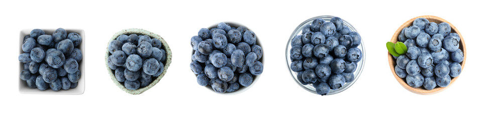 Set with fresh ripe blueberries on white background, top view. Banner design