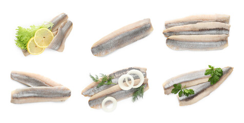 Set with delicious salted herring fillets on white background, top view