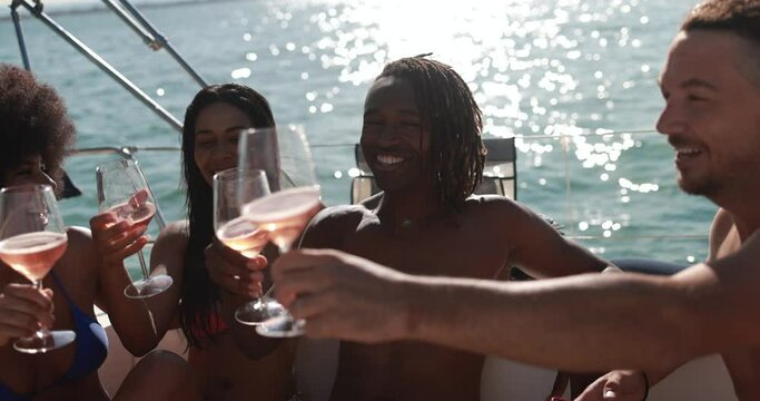 Happy multiracial friends having fun drinking champagne at boat party outdoor - Summer, party, travel and vacation concept