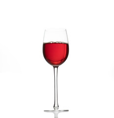 red wine in a transparent glass with reflection isolated over white background