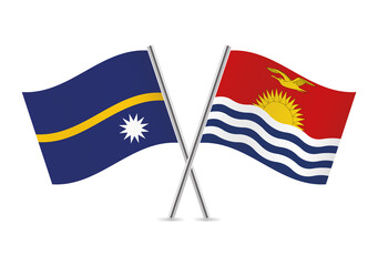Nauru and the Republic of Kiribati crossed flags. Nauran and Kiribati flags on white background. Vector icon set. Vector illustration.