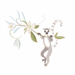 Vector hand drawn Illustration of funny lemur hanging on floral branch on white background isolated