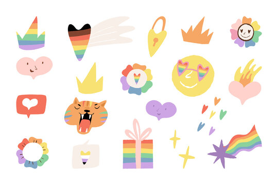 Pride Month stickers. LGBTQ, nonbinary community flags colors hearts, rainbow tiger, gift, flowers, crowns