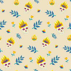 Fototapeta na wymiar Seamless pattern with burning skulls, twigs, bonfires and flowers in fantasy style on light beige background