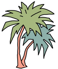 Palm tree with green leaves. Exotic tropical jungle hot summer holiday, Travel outdoor to south in nature forest to spa relax. Hand drawn retro vintage illustration. Old style cartoon drawing.