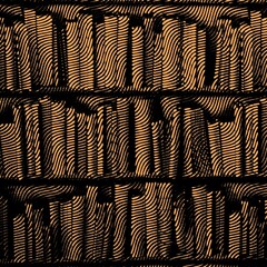 pattern and creative design in metallic gold bronze orange and shades of brown inspired shelves of antique books in halftone style