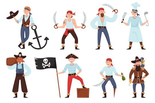 Cartoon pirates. Funny ship crew, cute men in retro costumes, sea bandits, jolly roger flag with skull, male smiling sailor, cook and captain hold sword, chest with treasure, recent vector set