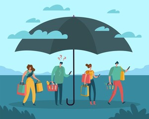 Consumer protection. Quality assurance and product insurance, online support service, safety of purchase, men and women with shopping bags under umbrella. Vector cartoon flat concept