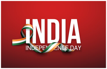 illustration festive banner of happy independence day with India national flag isolated on red background. greeting Card 15 august ribbon flag Happy independence day. Flat design style with shadow - obrazy, fototapety, plakaty