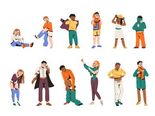 Kids and adults dressing clothes. Funny children putting pants and shirts, male and female characters, people changing wear, home or fitting room, bright modern suits tidy vector set