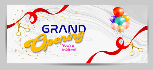Grand Opening Cut ribbon  background Banner Design Illustrations Shape, Business Promotion Ad Poster, Ceremony party event invitation, Coming soon Poster, red ribbon with balloon and colorful confetti
