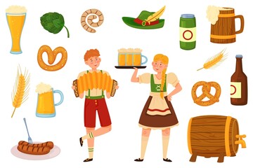 Oktoberfest elements. German munich festival food and drink, beer holiday, happy characters in folk traditional clothes, wooden barrel, mugs with foamy drinks, recent vector set