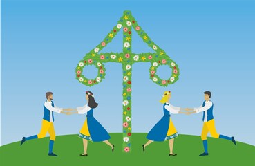Celebrating midsummer in Sweden. Sweden is called Midsommar or Midsommarafton in Swedish. The maypole is called midsommarstång. Vector illustration. - obrazy, fototapety, plakaty
