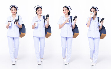Obraz premium Full length 30s 20s Asian Woman Nurse hospital, walking forward left right