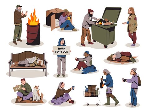 Poor people. Homeless male and female characters, hungry depressive persons, living low standard, needing help, begging money men and women, bums and hobos stray tidy vector isolated set