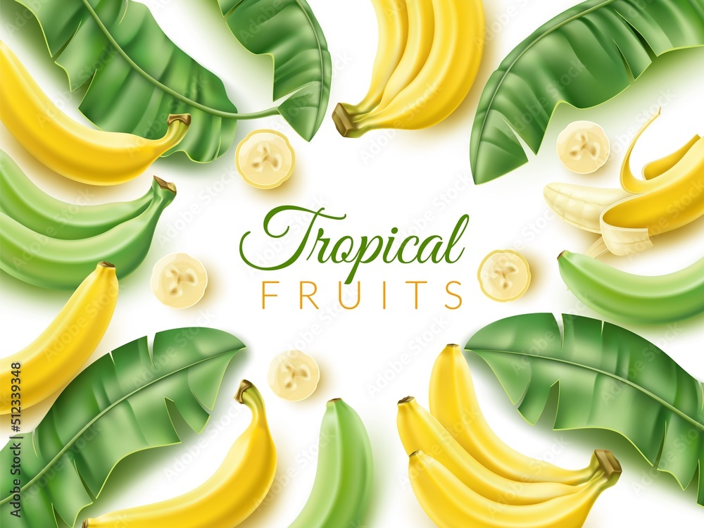 Wall mural realistic banana frame. tropical fruit poster with pieces and green palm leaves, bunches and whole f