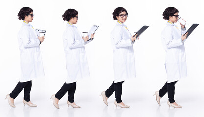Full length 30s 40s Asian Woman Doctor with stethoscope, walking forward left right