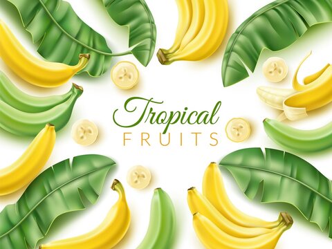 Realistic banana frame. Tropical fruit poster with pieces and green palm leaves, bunches and whole fruits, sweet natural food background with copy space, 3d yellow elements vector concept