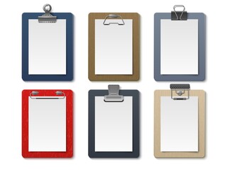 Realistic board tablets. Portable paper holder, different clipboards clamps, empty white sheets, various colors notebook, blank notepad pages. Simple pads mockup, utter vector isolated set