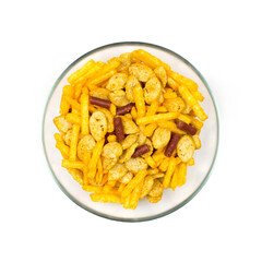 A plate with snacks for beer. Close up. Isolated on a white background