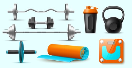 Realistic gym fitness set. Bodybuilding accessories, heavy metal dumbbell, barbells with different necklines, kettlebell, sport mat and shaker, scales. Utter vector isolated illustration