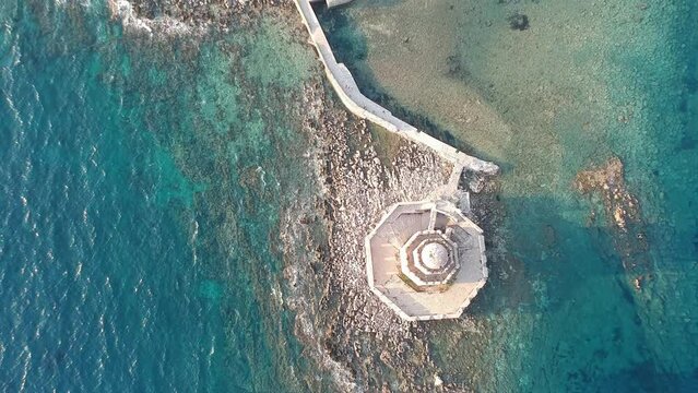 Aerial view over Methoni Castle and the fortified city. Its one of the most important and the biggest in castle in Mediterranean sea, a must-visit place in Greece located in Methoni, Messenia, Greece