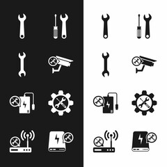 Set Security camera service, Wrench, Screwdriver and wrench, Power bank, screwdriver in gear, and Router wi-fi icon. Vector