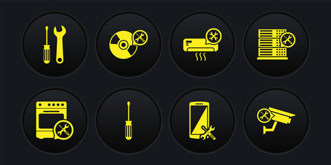 Set Oven service, Database server, Screwdriver, Smartphone, Air conditioner, CD or DVD disk, Security camera and and wrench icon. Vector