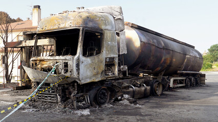 burnt truck with trailer