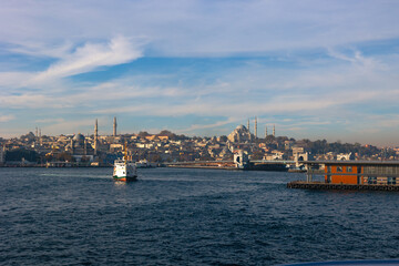 Ferry and cityscape of Istanbul in the morning. Travel to Turkey background